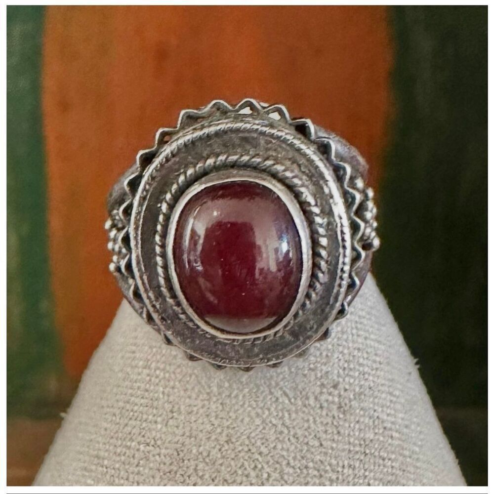 Vintage Sterling Silver Carnelian Cabochon Artisan Statement Ring